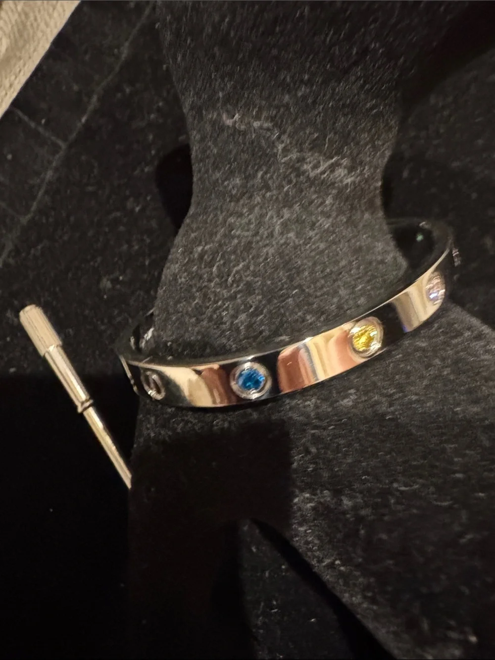 Women's Silver Tone LOVE Bangle Bracelet with Multicolor Stones